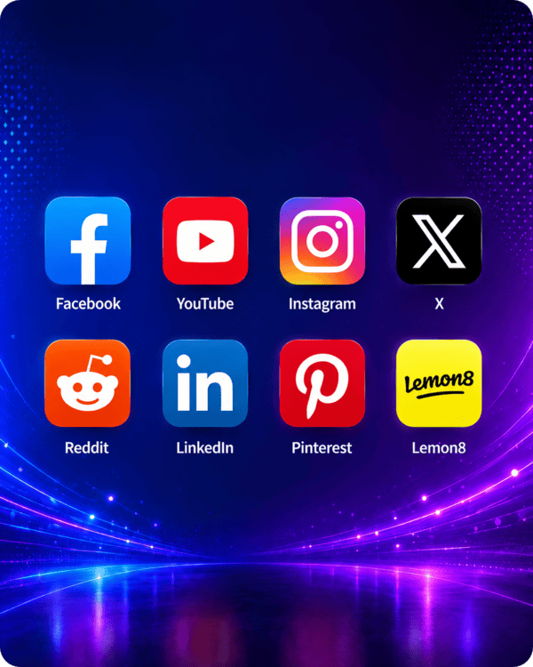 Facebook, Instagram, Youtube, X, Linkedin, Lemon8, Reddit, Pinterest